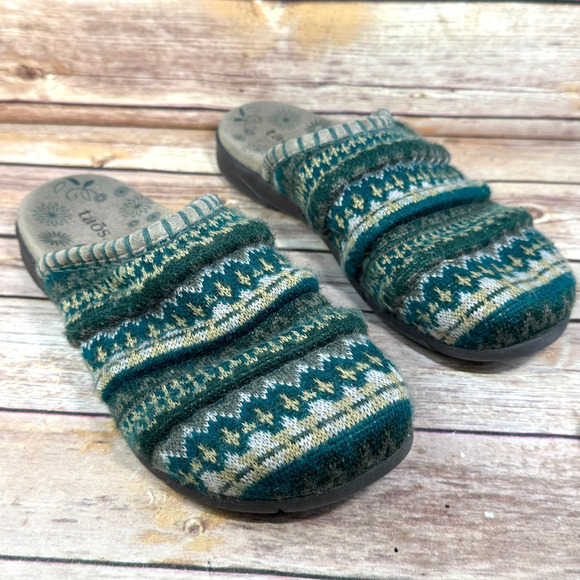 Taos Shoes - Taos Womens Wooly Green Nordic Fair Isle Slop On Mule Clog Comfort Shoes 8